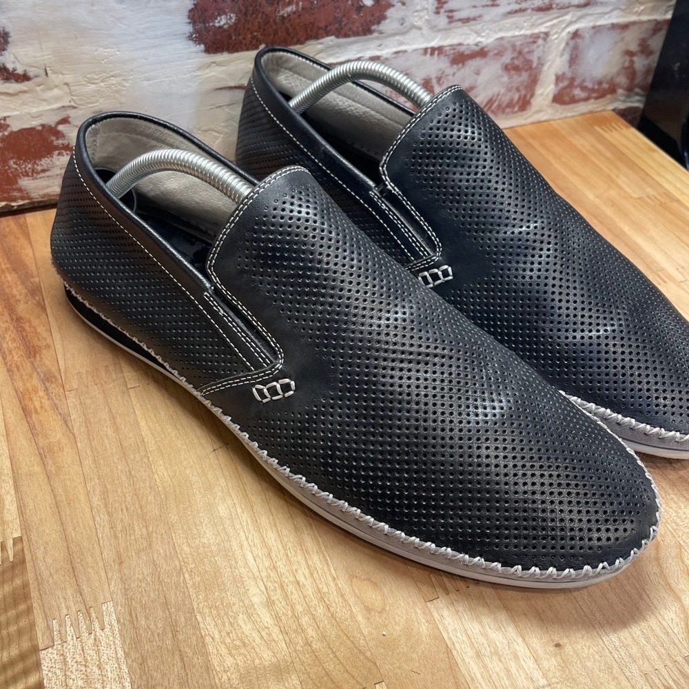 Zanzara Mens Black Perforated Leather Slip On Loafers Shoes Size 11 ZC11638